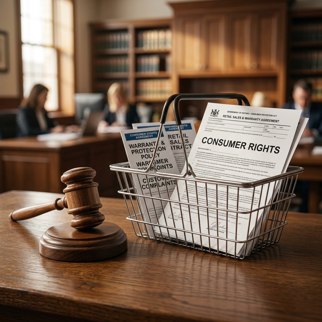 Wooden gavel next to a shopping basket and consumer protection contract