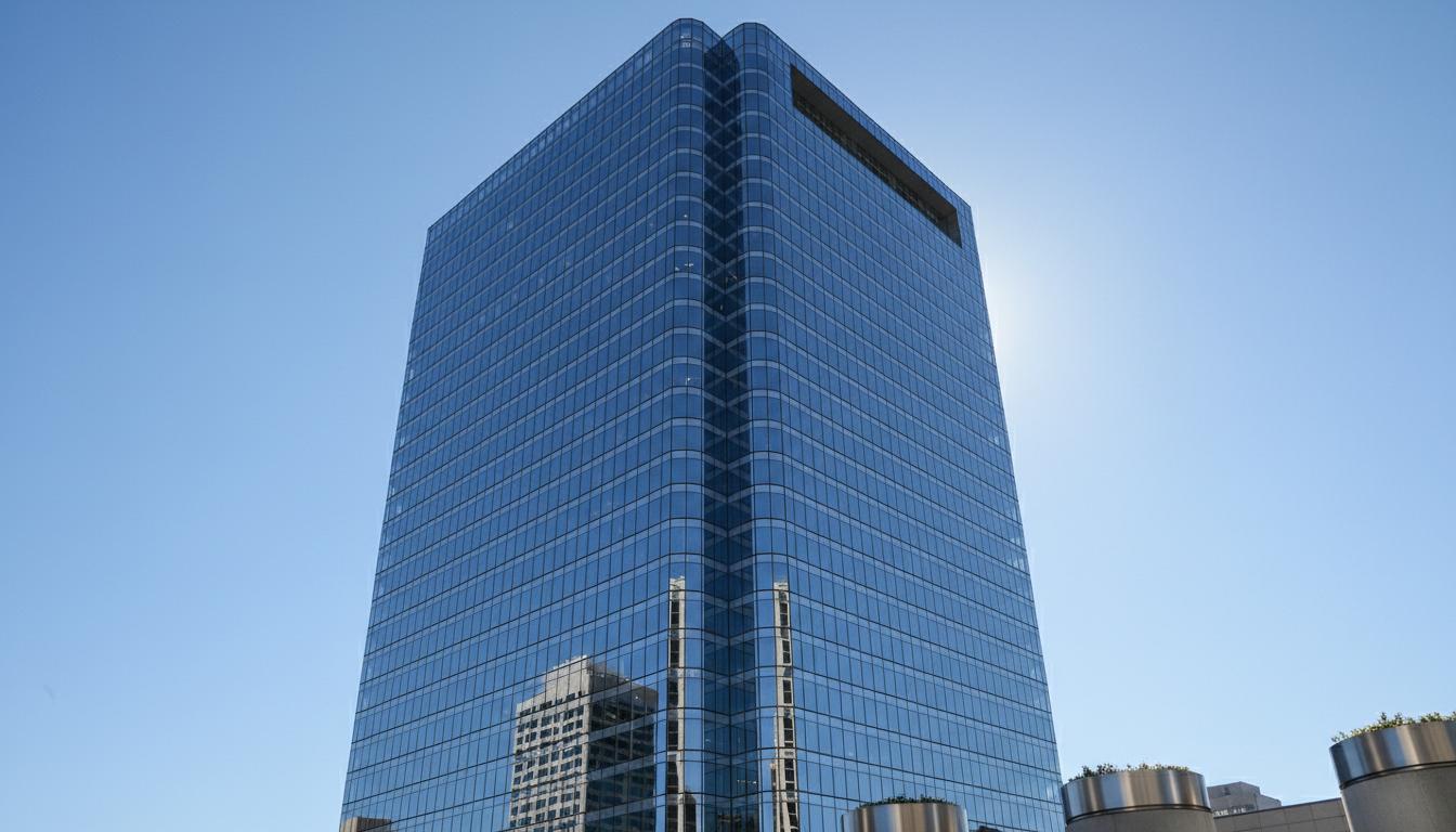 Modern glass office building against blue sky representing corporate law