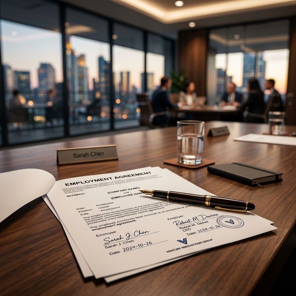 Signed employment agreement contract and fountain pen on modern desk