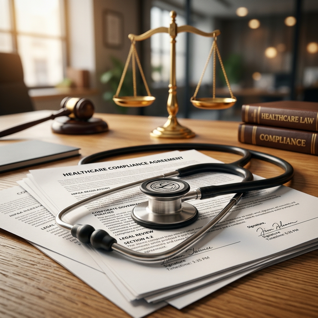 Medical stethoscope resting on legal documents with scale of justice