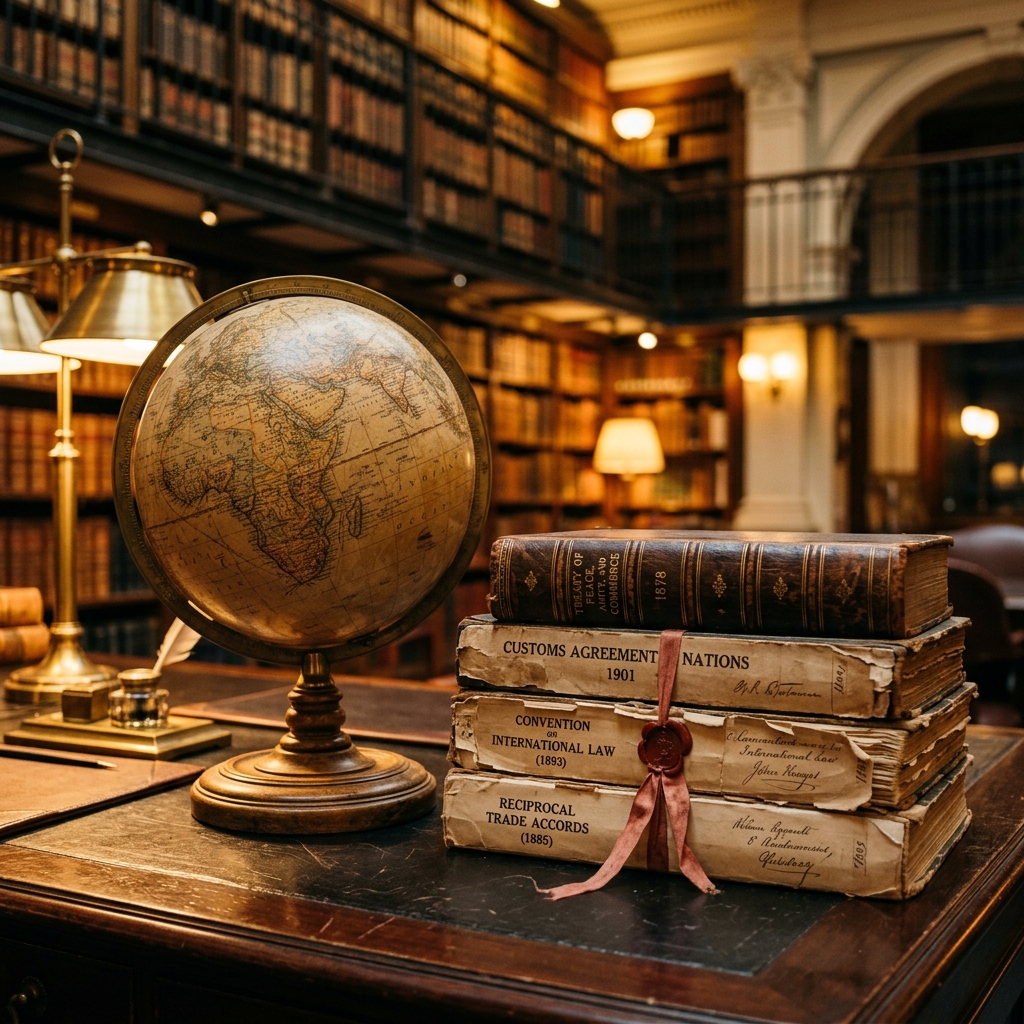 Desktop terrestrial globe and treaty agreements representing international law