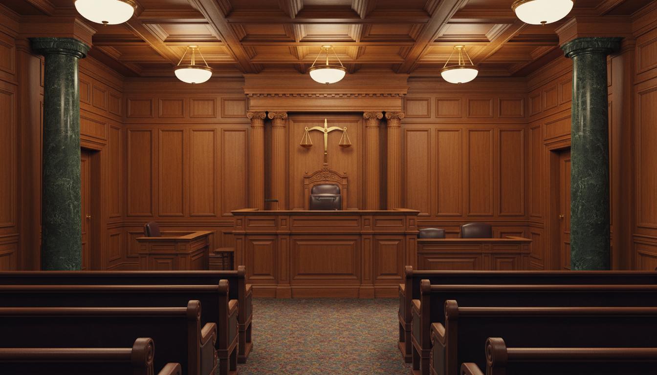 Dignified courtroom interior representing litigation