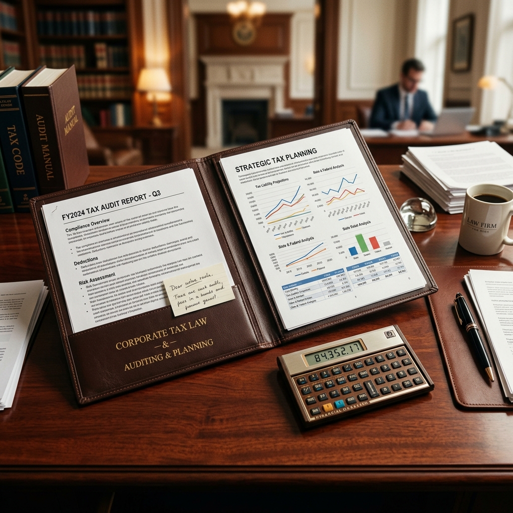 Financial charts, calculator, and audit folders representing tax law